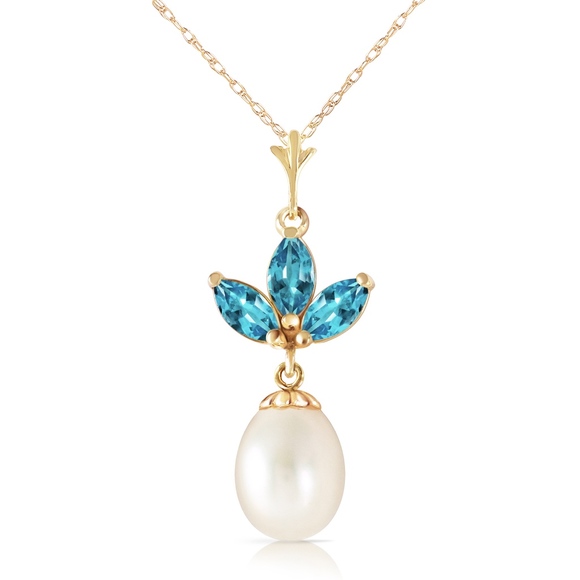 14K. SOLID GOLD NECKLACE WITH PEARL & BLUE TOPAZ